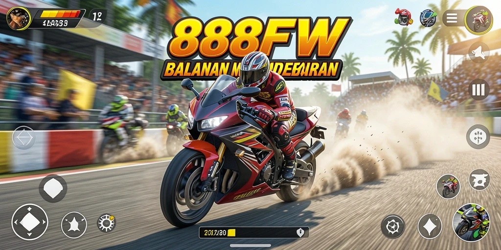 Tampilan gameplay mendebarkan dari 888FW saat balapan motor.