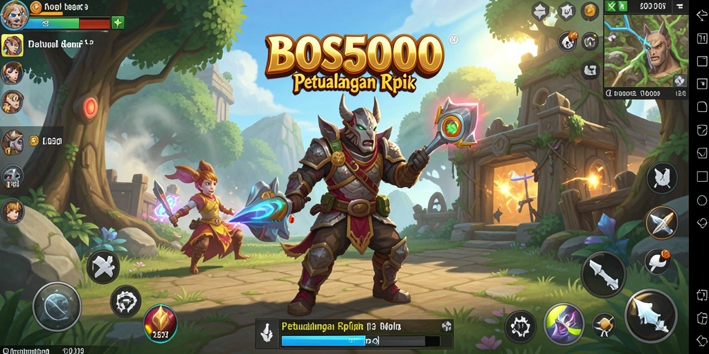 Gameplay BOS5000 menampilkan karakter bertempur dengan berbagai monster di dunia fantasi.