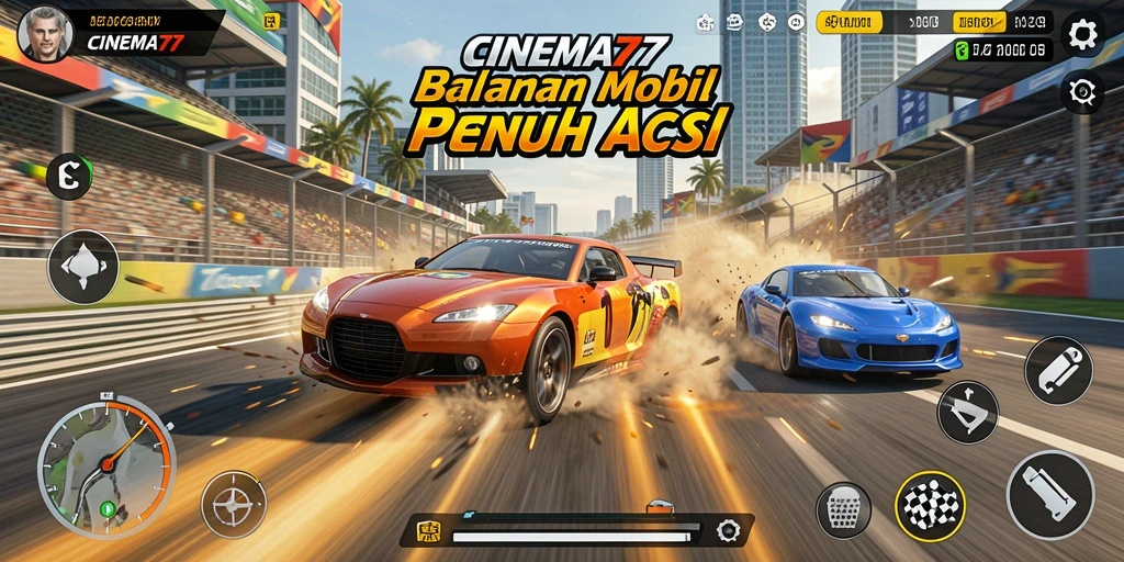 Tangkapan layar utama CINEMA77 menampilkan balapan mobil yang menegangkan.