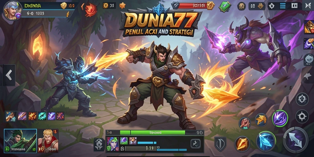 Tampilan gameplay seru dalam DUNIA77 dengan aksi MOBA yang memukau.
