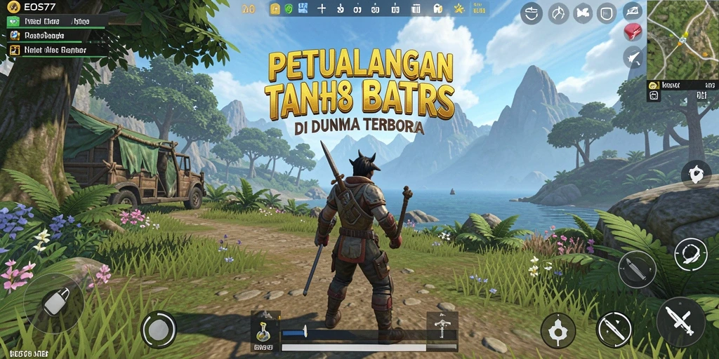 Tangkapan layar utama EOS77 menampilkan momen petualangan di dunia terbuka.