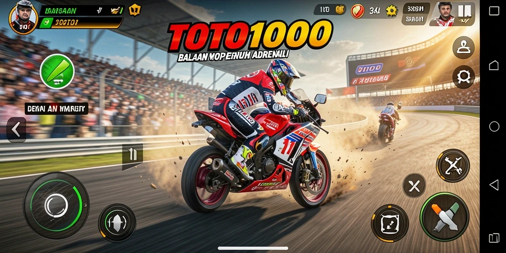 Screenshot gameplay TOTO1000 menampilkan balapan motor yang mendebarkan.