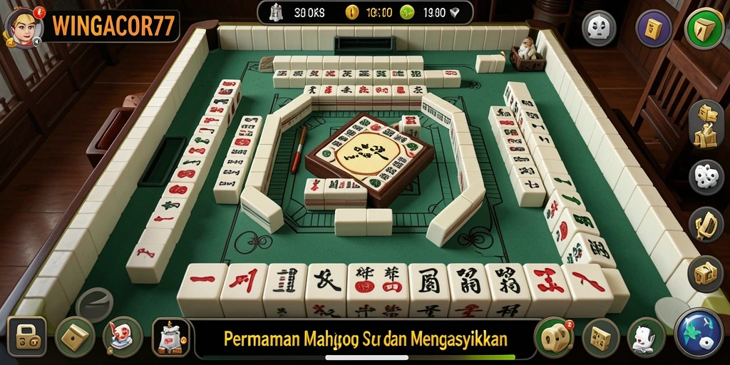 Tampilan gameplay utama WINGACOR77 dengan ubin Mahjong yang berwarna-warni.